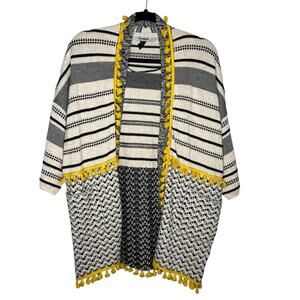 DESIGUAL / black cream yellow pom pom open front oversized cardigan sweater / S